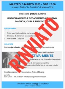 Scopri di più sull'articolo Rinvio incontro su Decadimento cognitivo di Martedì 3 Marzo 2020