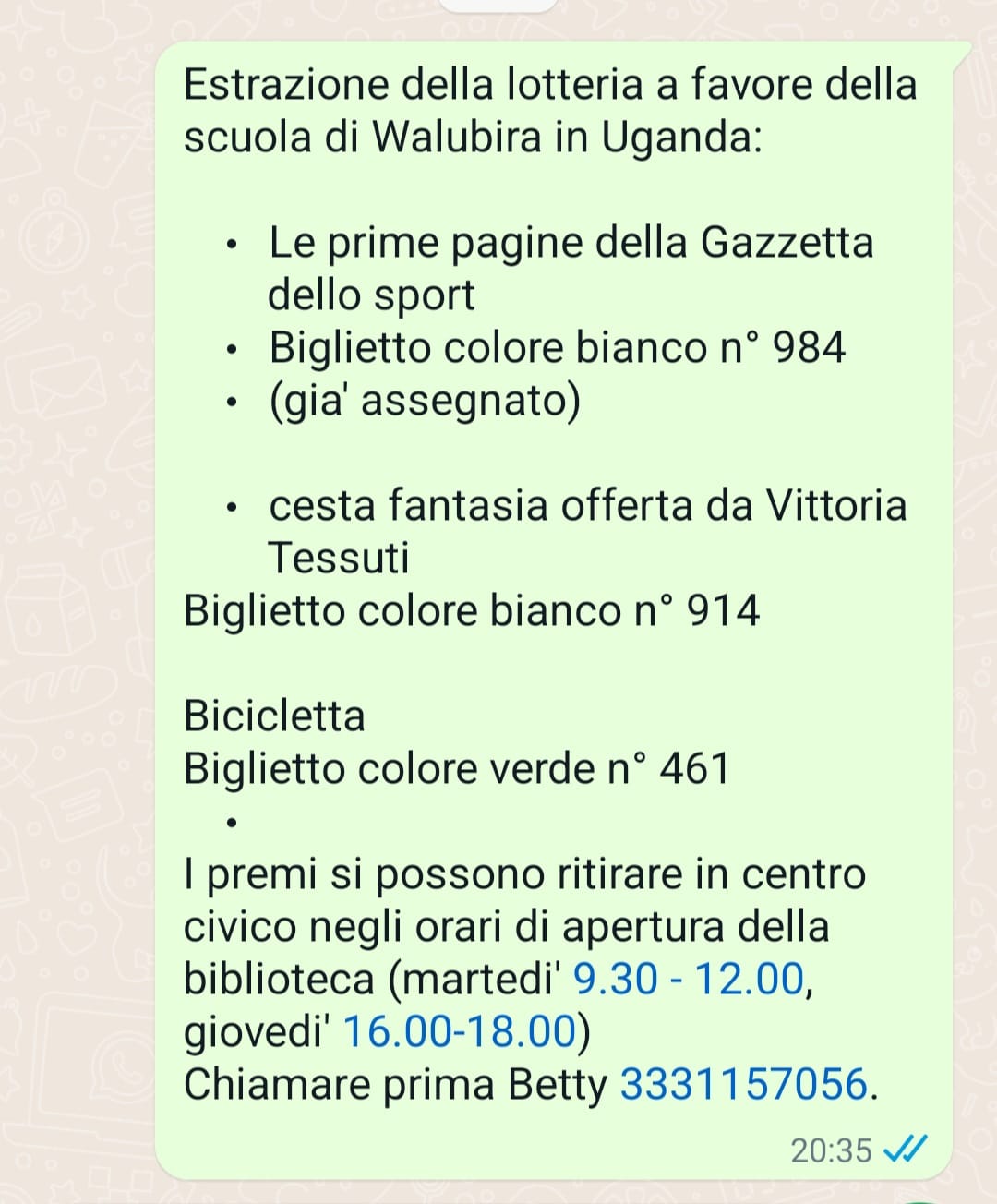 Scopri di più sull'articolo Estrazione premi sottoscrizione in favore della scuola di Walubira, Uganda.